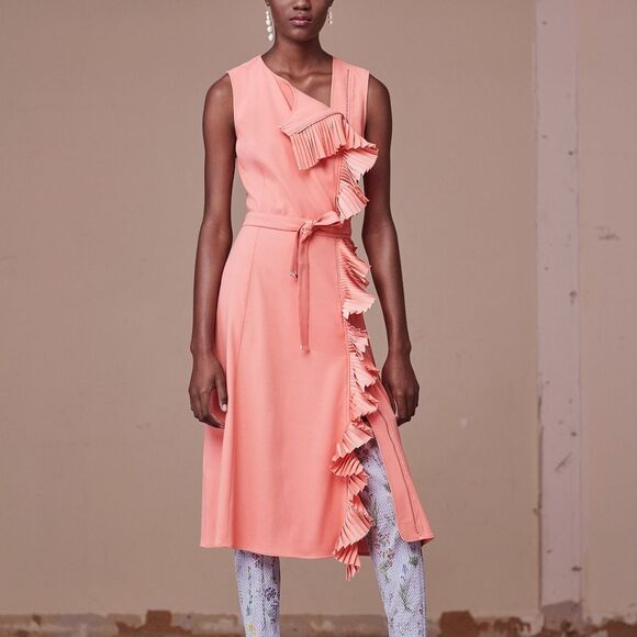 Altuzarra Livinia Pleated Ruffle Trim Zip Front Midi Dress in Black - Picture 15 of 16